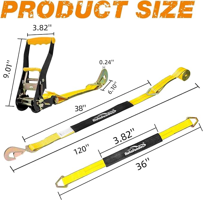 Complete Axle Straps Tie Down Kit 2" x10' Heavy Duty Vehicle Tie Down Strap-Breaking Strength 10,000lbs-Working Load Limit 3,333lbs-Car Tire Straps for Car, Truck, UTV & More