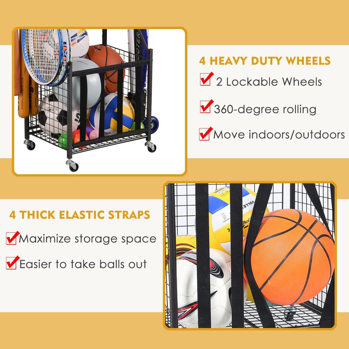 Snail Garage Sports Equipment Storage Organizer Sports Ball Storage Rolling Cart with Basket and Hooks Lockable Sports Ball Cage Storage Rack for Garages, Playgroup, Gym and Schools, Black