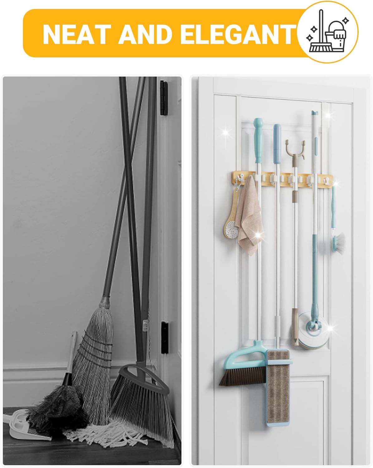 Lorbro Broom Holder Door Mount, Over the Door Broom and Mop Holder with 2 Over Door Hooks, Wood Broom Hanger, Tool Rack Organizer for Laundry, Garage, Closet, Kitchen Decor, 4 Slots & 4 Hooks Rustic