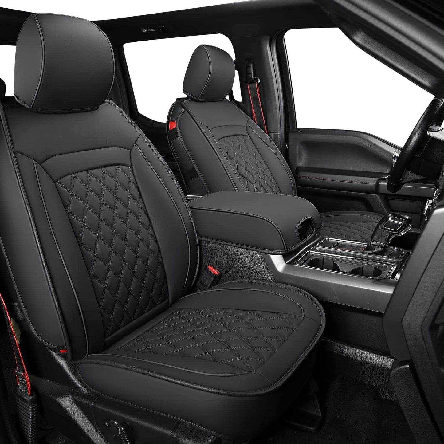 LUCKYMAN CLUB F150 Faux Leather Seat Covers Fit for 2010-2014 F150 2011-2016 F250 F350 F450 Pickup Trucks(Front Pair, Black)
