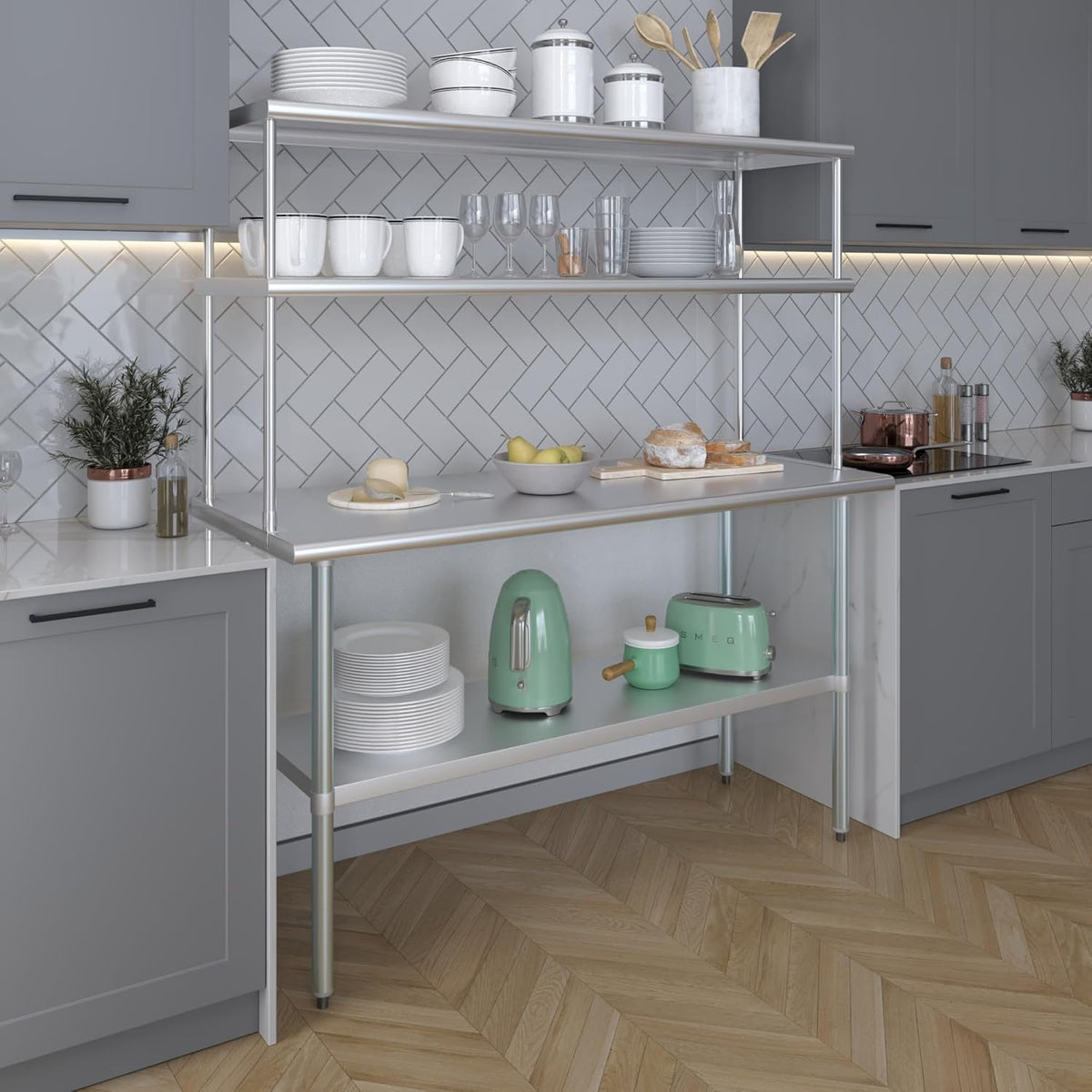 Amgood Stainless Steel Work Table Double Tier Overshelf | Metal Kitchen Prep Table & Shelving Combo (24" x 60" Work Table + 18" Overshelf)
