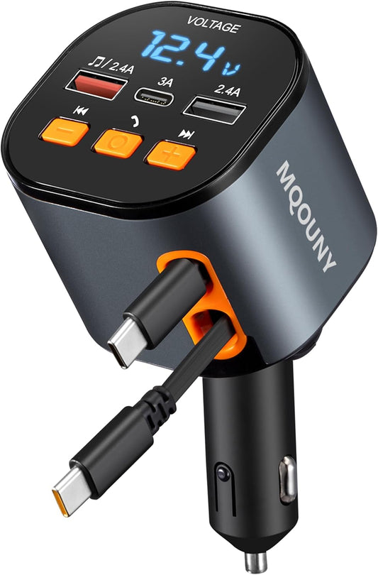 Retractable Car Charger,5 in 1 Fast Car Phone Charger 90W,Bluetooth 5.3 FM Transmitter Adapter,Handsfree Call,2 Retractable USB-C Cables and USB Cars Chargers for iPhone 16/15/14/13/12/11,Galaxy,Pixel