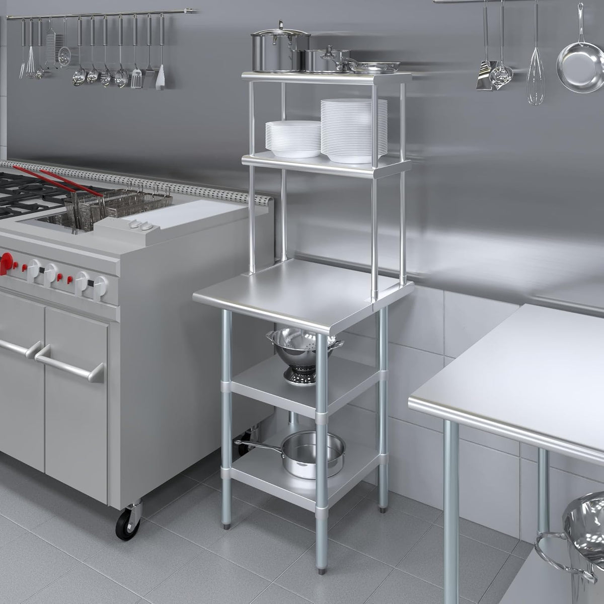 Amgood Stainless Steel Work Table with 2 Shelves | Metal Kitchen Prep Table & Shelving Combo (24" x 24" Table with 2 Shelves + 12" Overshelf)