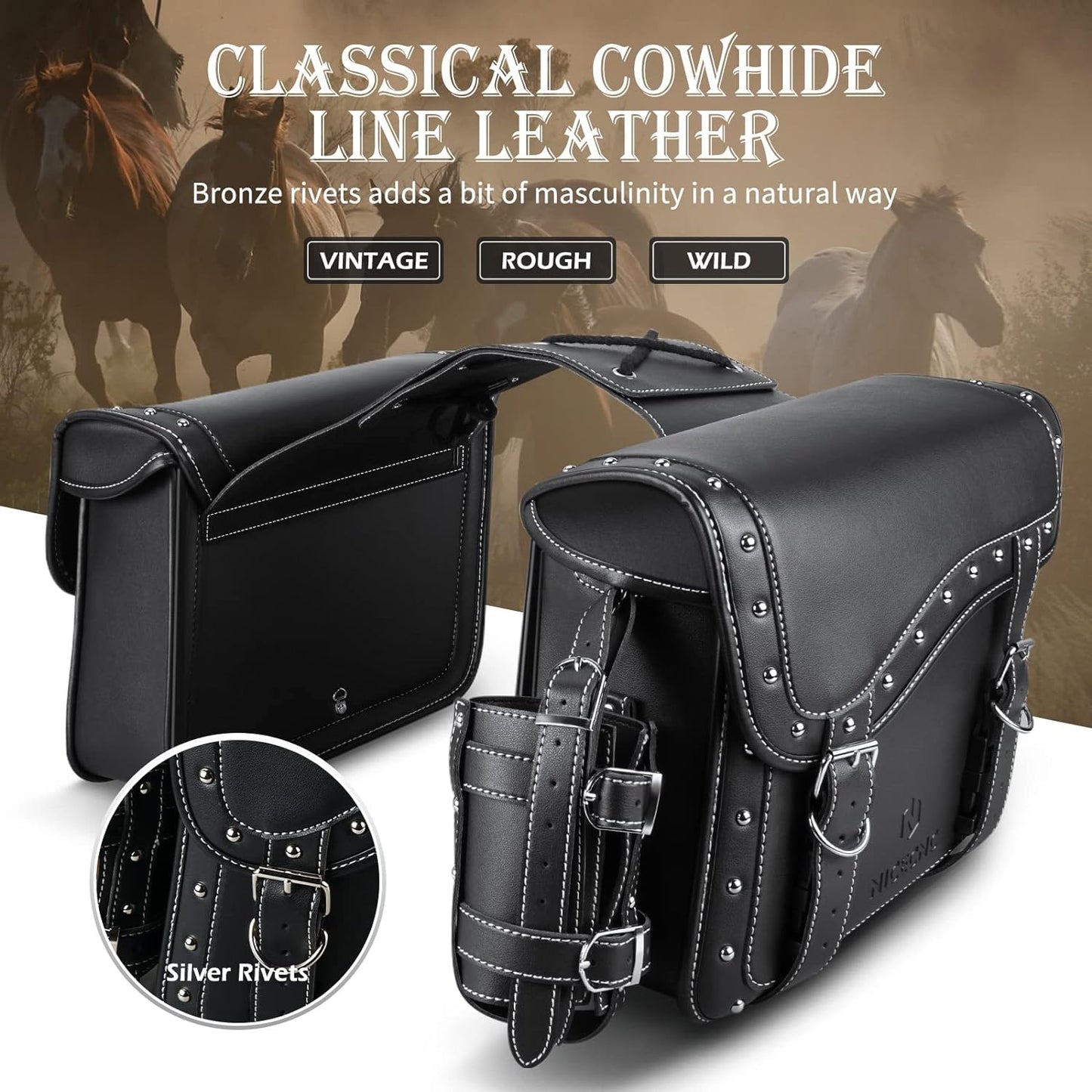 NICECNC Motorcycle Saddle Bags, PU leather Motorcycle Saddlebags, Reinforced Straps & Saddle Piece, with Cup Holder, Throw Over Saddle Bags Side Bags Universal Motorcycle Accessories bags, BlACK