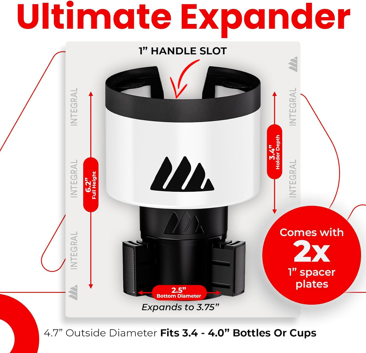 Integral Ultimate Expander Car Cup Holder - Adjustable Base - Expander & Organizer for Vehicles - Compatible with Coffee Mug, Yeti 14/24/36/46oz, Ramblers, Hydro Flasks 32/40oz, 3.4"-4.0" Bottles