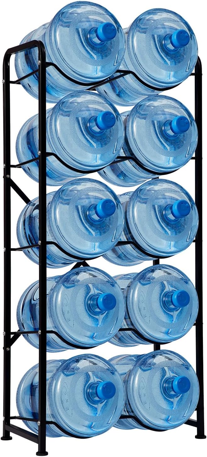 5 Gallon Water Jug Holder, 5-Tier Reinforced Carbon Steel Bottle Storage Rack for 10 Bottles - Cooler Organizer for Office, Family, Garages, Restaurant, Gym. Black