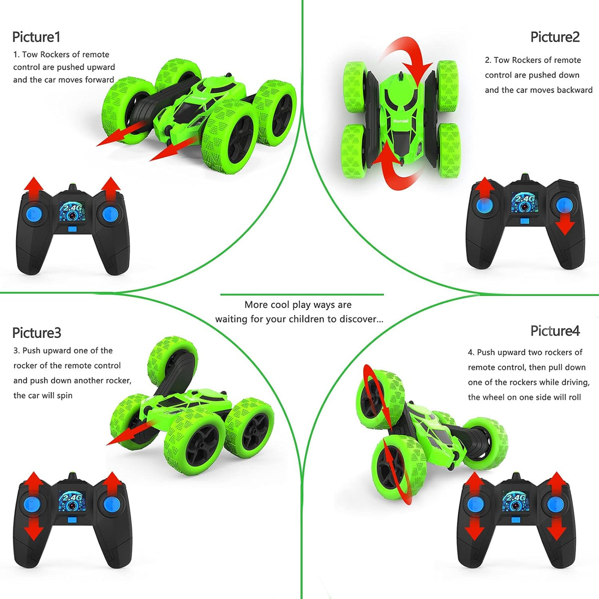 Remote Control Car, Double Sided 360°Rotating 4WD RC Cars with Headlights 2.4GHz Electric Race Stunt Toy Car Rechargeable Toy Cars for Boys Girls Birthday (Green)