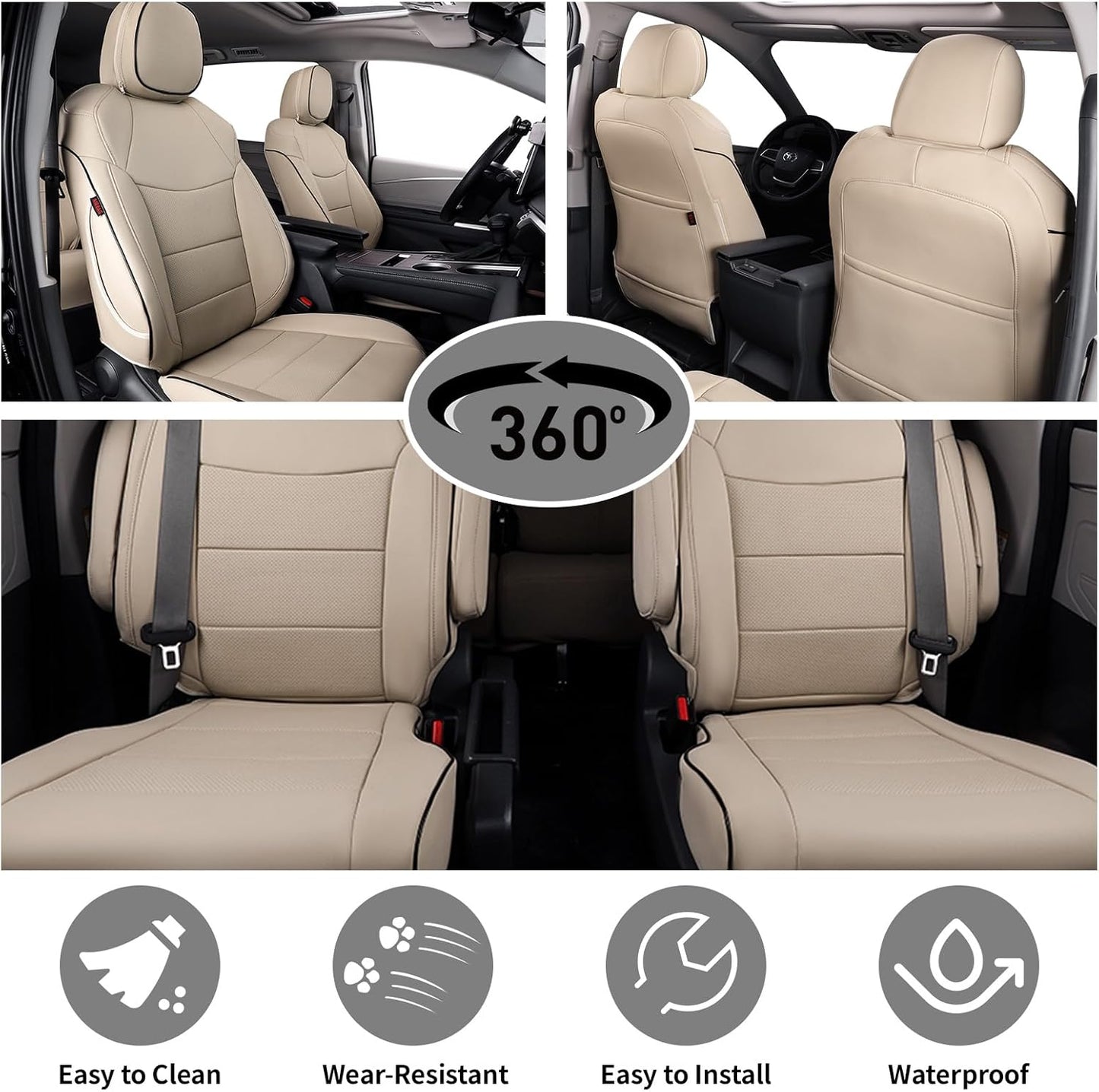 EKR Sienna Seat Covers for 2021-2025 Toyota Sienna XLE,XSE,Limited,Platinum,7 Seats,2nd Row Captain Chairs W/NO Legrest,Waterproof Seat Covers Full Set for Cars,Car Seat Protectors -Leather(Beige)