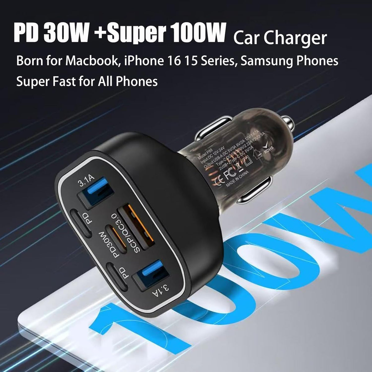 6 in 1 Multi Port USB C Car Charger Adapter PD 30W 6 Ports Super Fast Charging Cigarette Lighter Adapter 2 USB-C for MacBook iPhone 16/15/14/13/12 Galaxy Android Phones