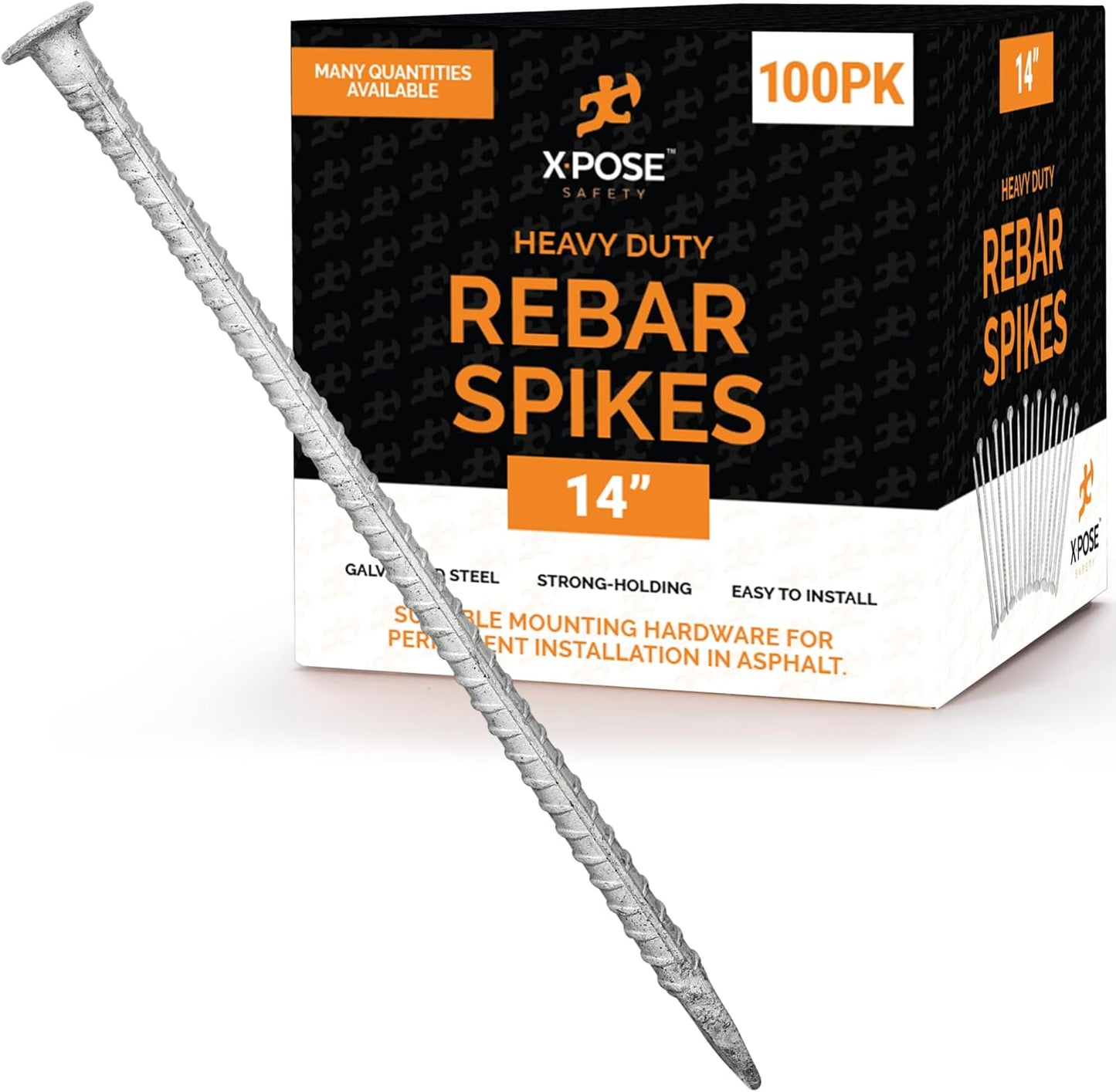 Heavy Duty Rebar Stakes 14" - 1/2" Diameter Threaded Galvanized Steel Spikes – 100 Pack Metal Ground Stakes for Speed Bumps & Wheel Stops – Support Estacas de Metal – Durable Asphalt Surface