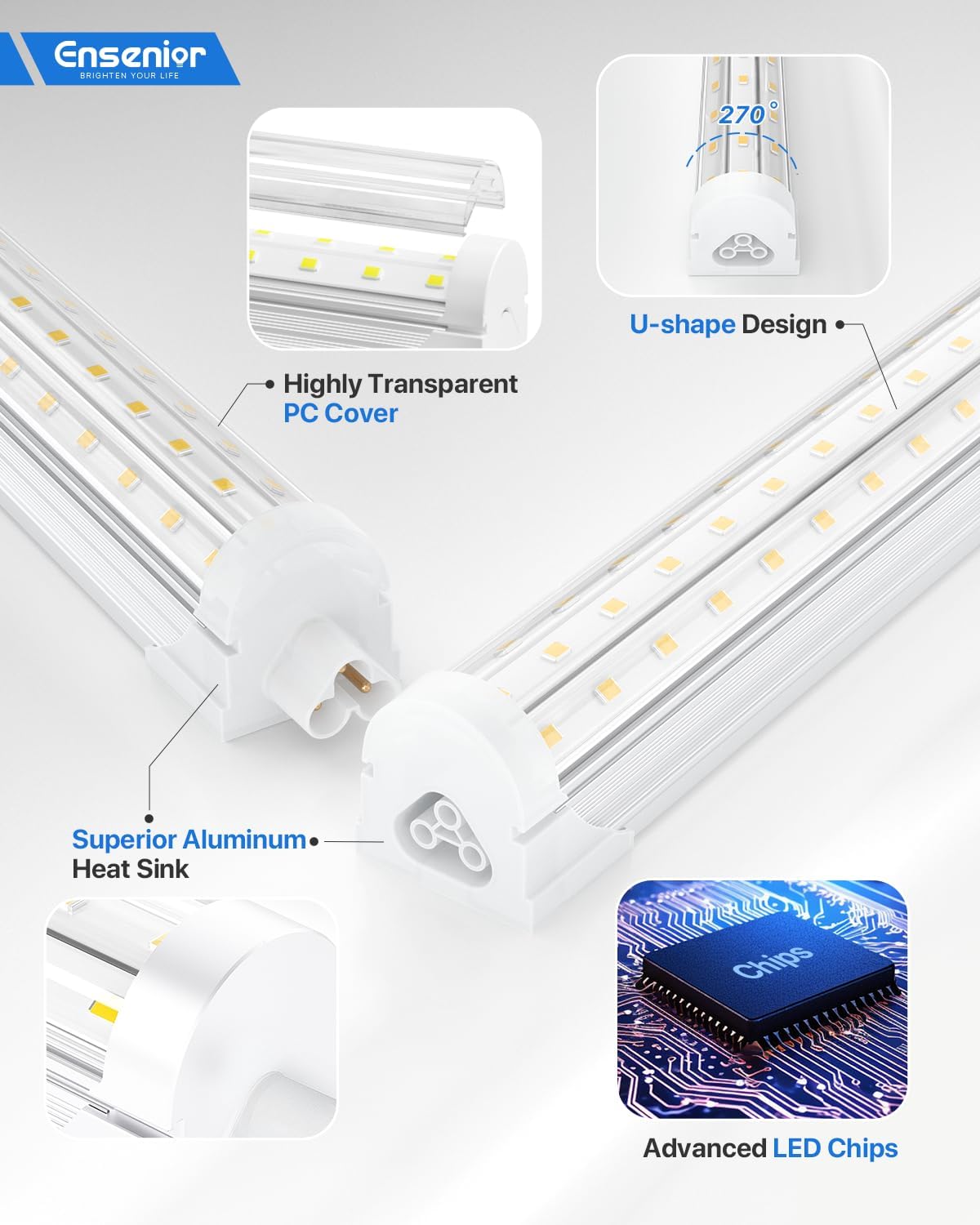 Ensenior 6 Pack 8 FT Led Shop Lights, 6000K Clear White, 10000LM Super Bright, 72W Equivalency 936W, Commercial Bay Lighting, U-Shaped Linkable Shop Lights Plug in for Garage, Workshop, FCC Certified