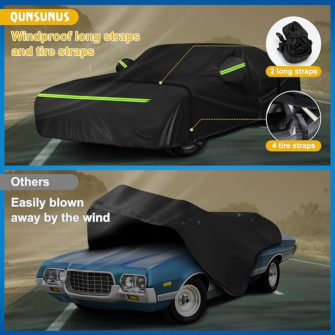 QUNSUNUS Waterproof Car Cover for Ford Fairlane 1968-1970 and Torino 1968-1976 2-Door, Outdoor Car Covers with Zipper and Straps for Wind, Sun, UV and Dust Protection
