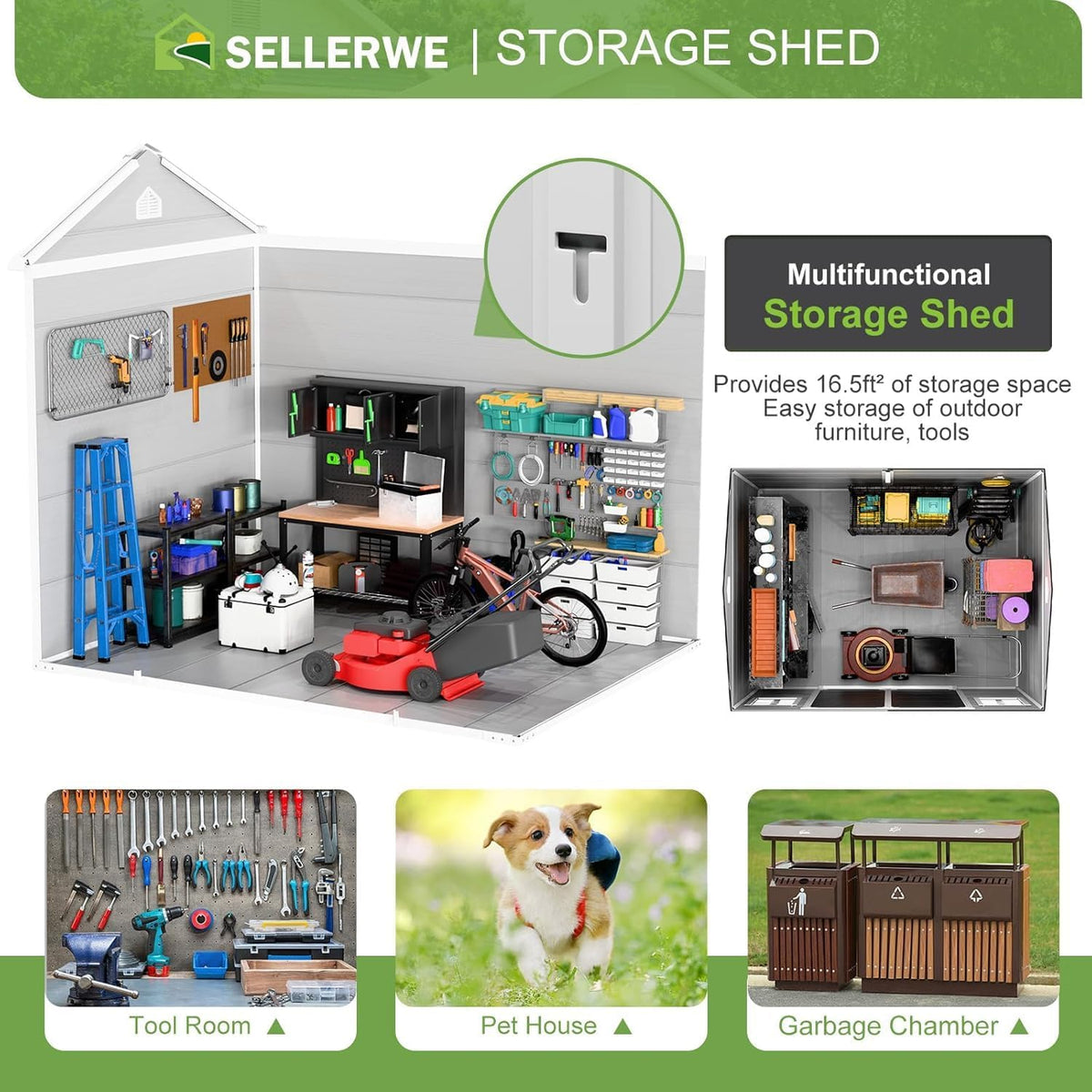 8x6x7 FT Resin Storage Shed, Waterproof Outdoor Shed w/Floor Included, 2 Windows, Double Lockable Doors & Vents,Outside Plastic Tool Sheds for Garden, Lawn, Backyard, Dove Grey