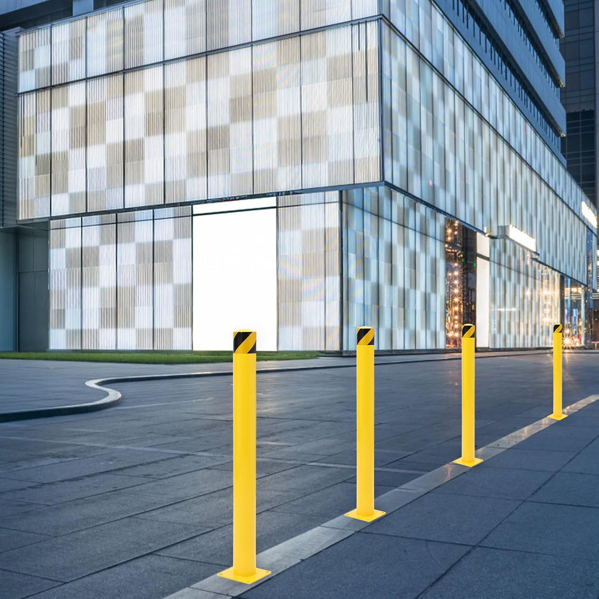Safety Bollard 4 Packs, 48 Inch Height Steel Bollard Post for Parking Lot, 4.5 Inch Diameter Pipe, Yellow Safety Bollard Post with 8 Anchor Bolts, Ideal for Traffic-Sensitive Areas, Driveway Barrier