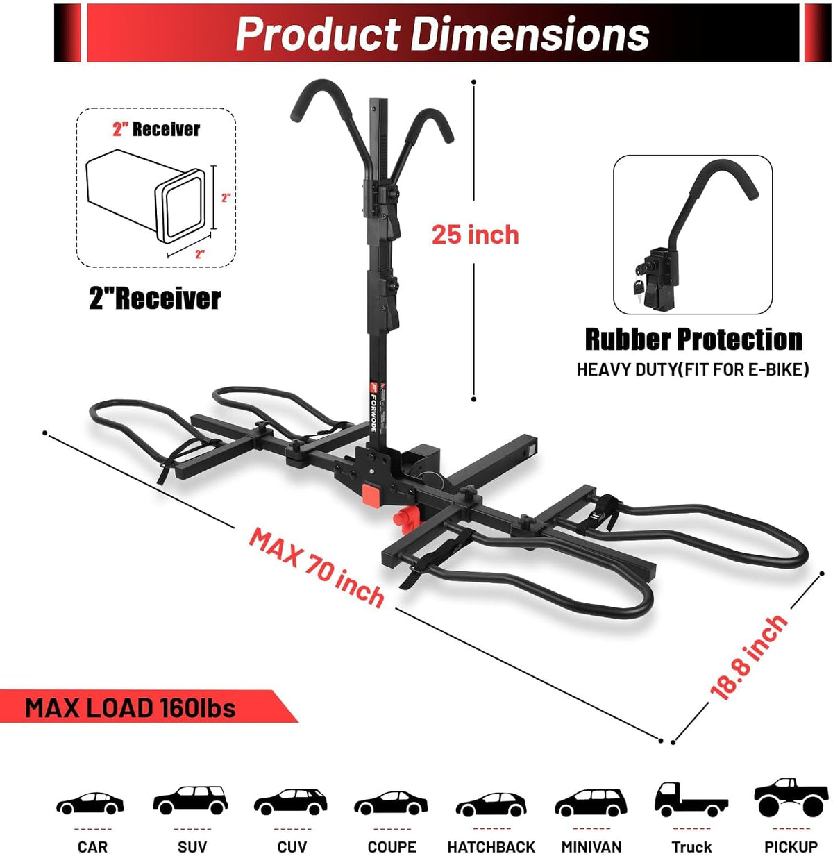 FORWODE Hitch Mount Bike Rack Fits 2 X 80 lbs Bicycle, Platform Bike Rack for Car SUV Truck, Qucik Released, Foldable Wobble Free, Locking Hitch,Fat and Standard, 2 Inch Receiver