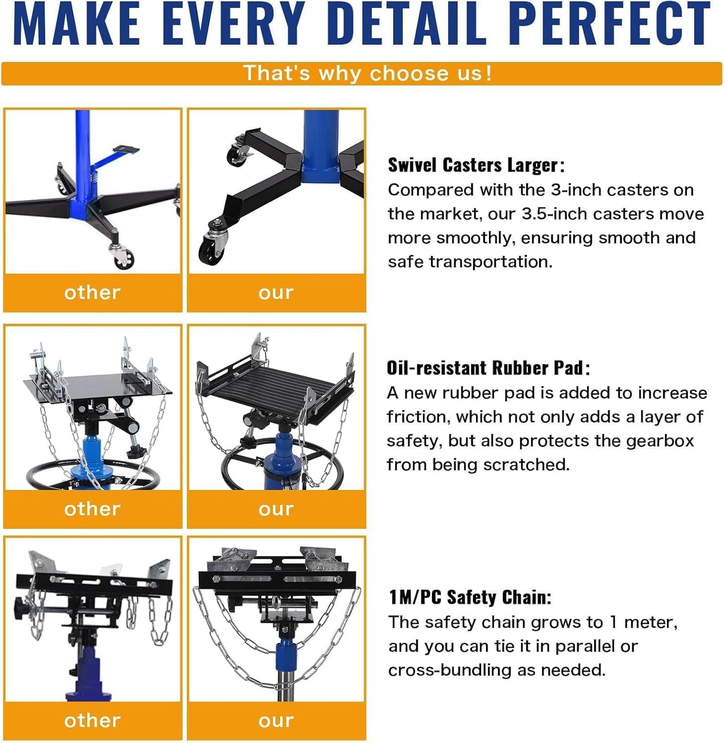 Transmission Jack 1100 LBS Hydraulic Telescoping 2-Stage Lift Jack Stand 33.8"-72.8" High Lift Transmission Jacks with Foot Pedal & 360° Swivel Wheels for for Garage/Workshop Car and Truck Repairs