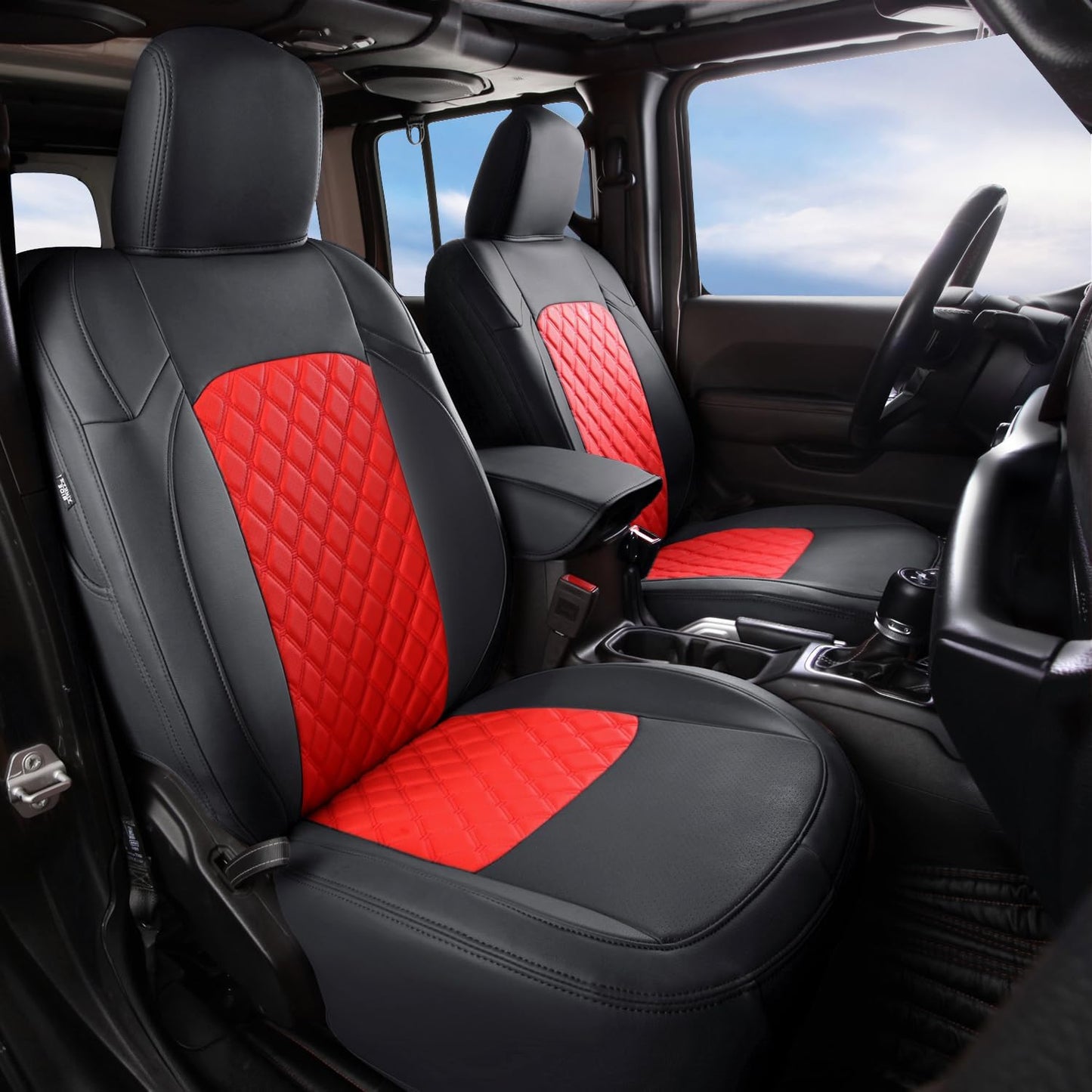 GIANT PANDA Fit Full Set Car Seat Covers for Jeep Wrangler 4 Door JL Sahara Sport Rubicon Unlimited Willys 2018 2019 2020 2021 2022 2023 2024 2025 Without Rear Cup Holder,Faux Leather (Black+Red)