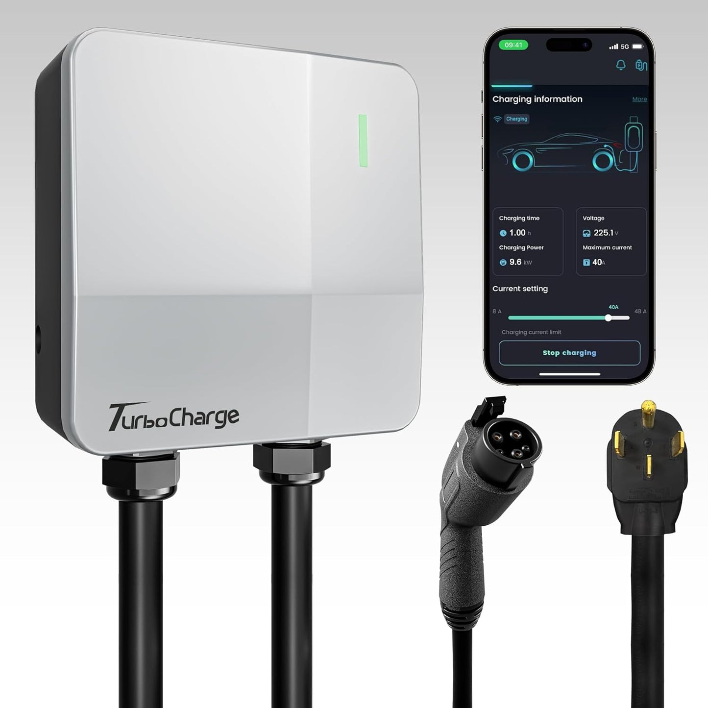 Level 2 EV Charger - 40 Amp Smart EV Charger for Home Level 2 NEMA 14-50, 240V Electric Vehicle Charging Stations 9.6kW, 25ft Cord, Outdoor/Indoor