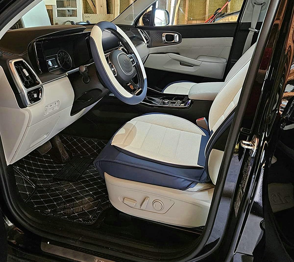 Custom Car Floor Mat Compatible with BMW Mercedes-Benz Toyota Cadillac Lexus Honda Infiniti Nissan Hyundai Kia Audi All Models Cars Sedans SUVs Automotive Mats (Edge Blue Middle Black Beige)