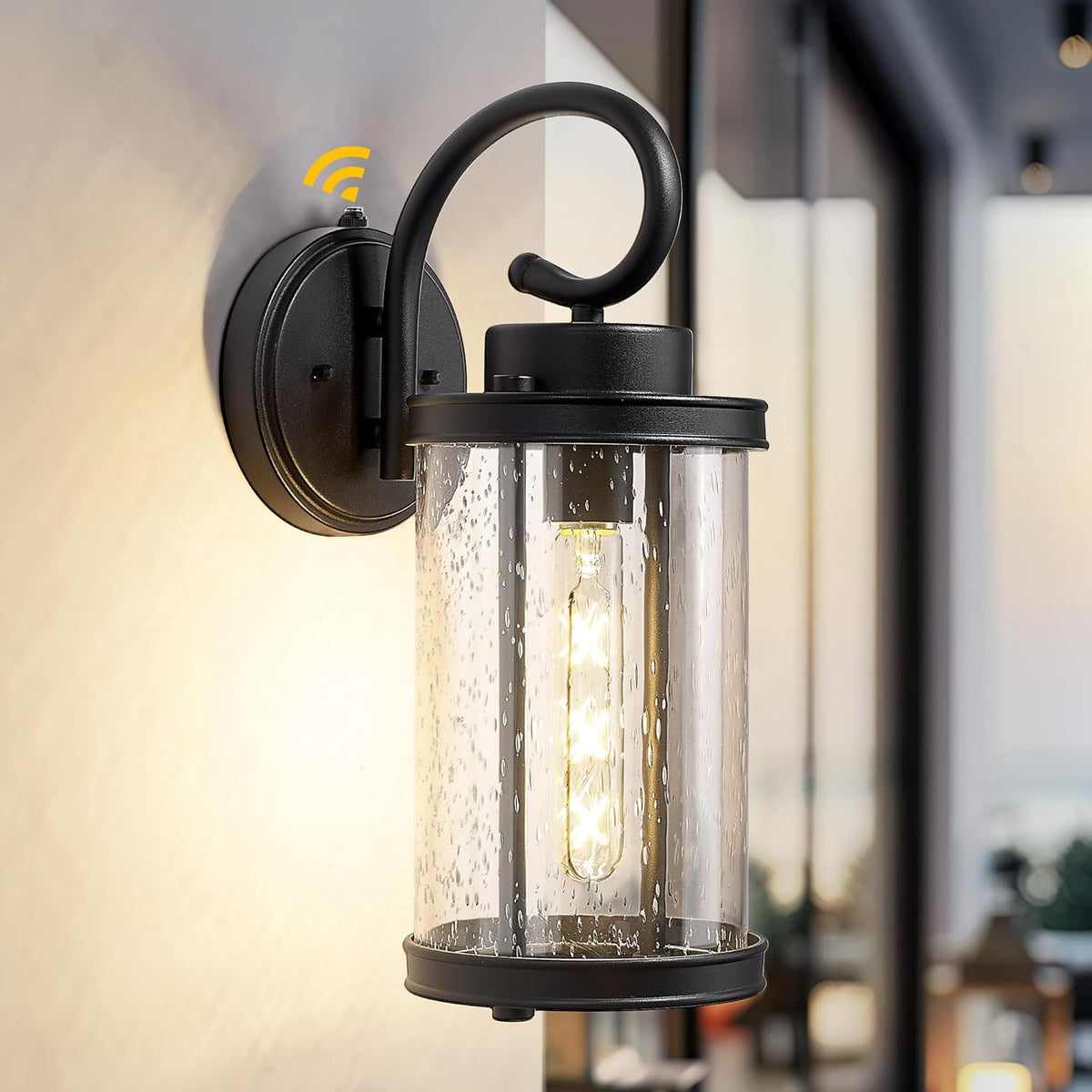 kudos Dusk to Dawn Outdoor Lighting, 15.8 inch Large Cylinder Porch Lights, Anti-Rust Waterproof Outdoor Wall Light for Patio, Garage, Black with Seeded Glass, KDOWL01-BK-L-LC
