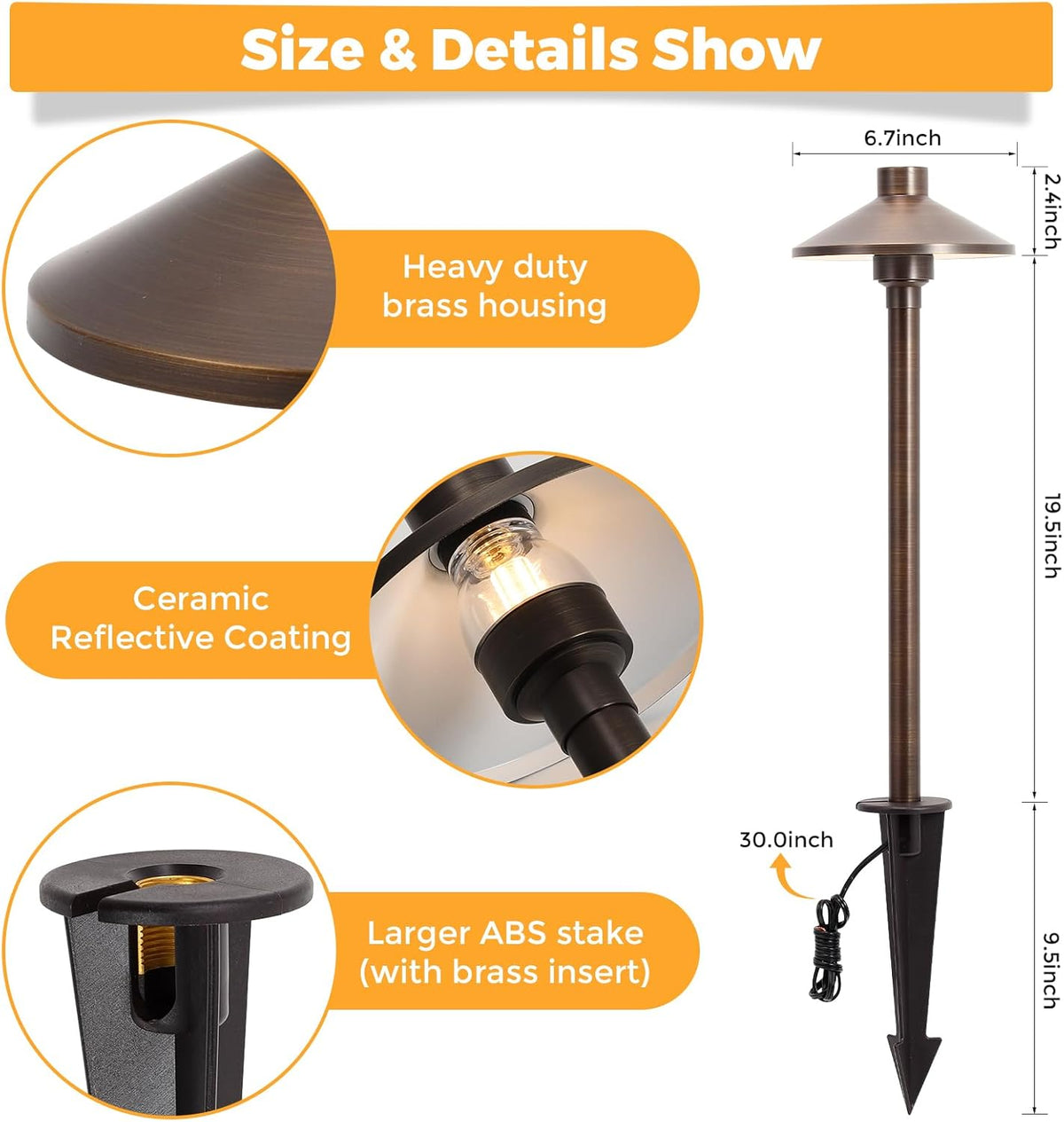 Gardencoin Solid Brass Low Voltage Pathway Lights (6.7'' Shade, 21.9'' Tall), 12V AC/DC Heavy Duty LED Landscape Path Lights Outdoor Wired, Antique Bronze Walkway Lights with Larger Stake, 6-Pack