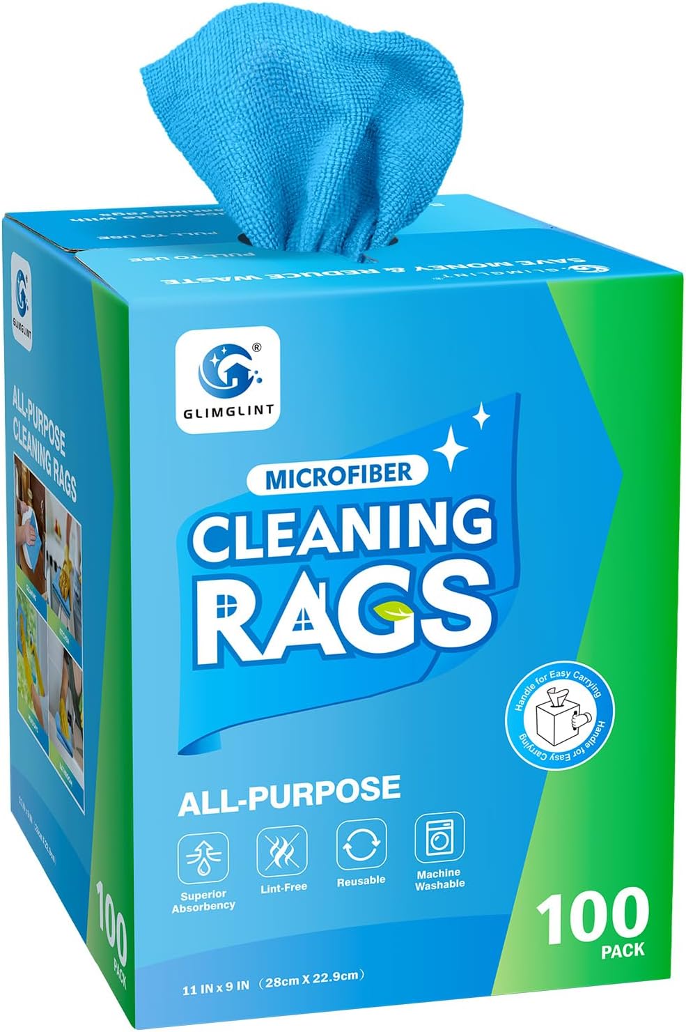 GLIMGLINT Microfiber Cleaning Cloth, 100 Pack Cleaning Rags, Lint-Free, Ultra Absorbent Reusable Paper Towels for Home, Kitchen, Car, Garage or Shop, Dish Rags, 11" x 9", Blue