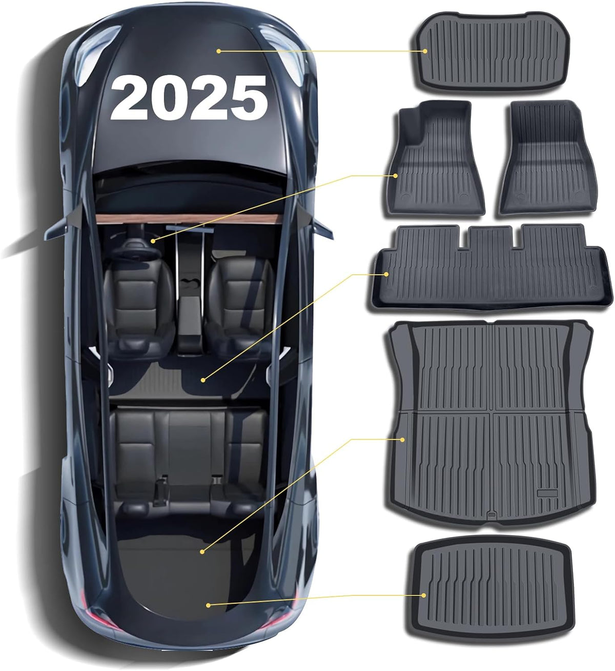 Floor Mats for 2024-2025 Tesla Model 3 Highland, Full Set All-Weather TPE Waterproof Cargo Liners, Non-Slip Front and Rear Trunk Mats, Set of 6