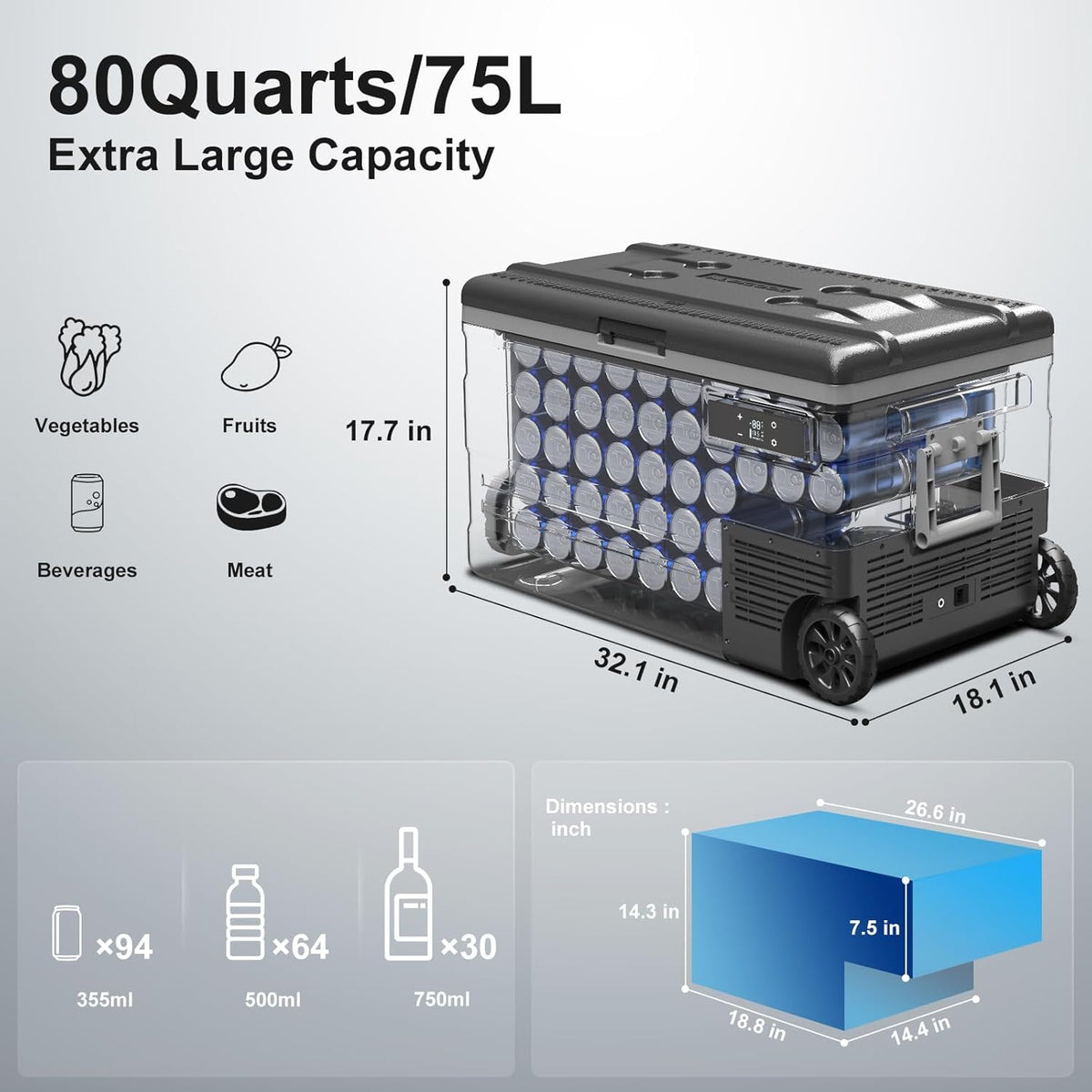BODEGACOOLER 12 Volt Car Refrigerator,80 Quarts Portable Fridge,75L RV Freezer Single Zone,with APP Control,-4℉-68℉ Car Cooler,12/24V DC & 100-240V AC for Travel, Camping,Outdoor,Truck,SUV