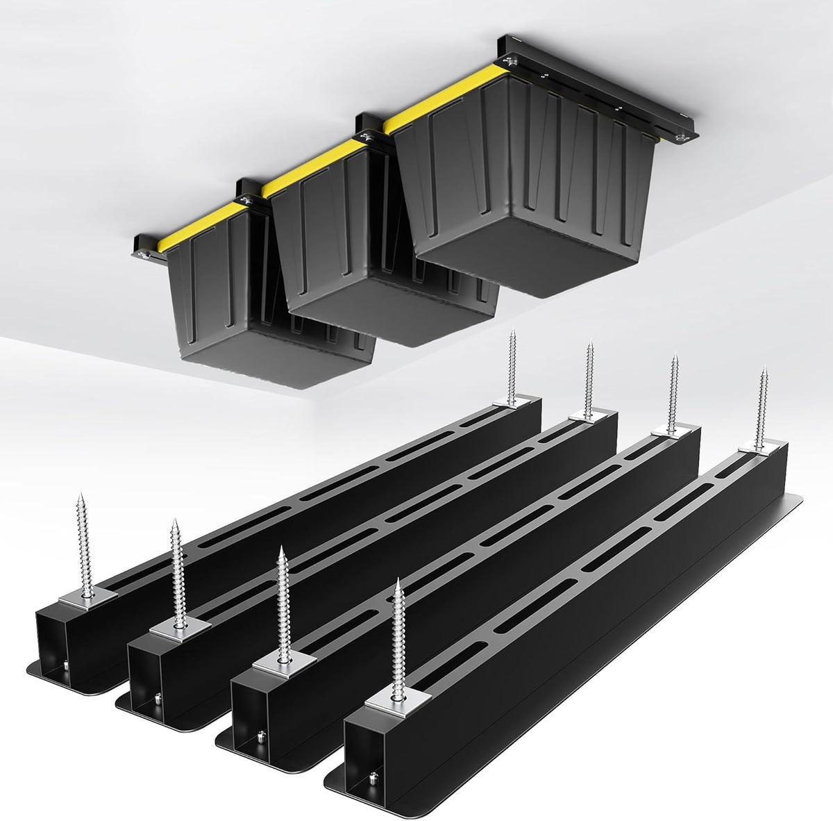 EVERHANGER Ceiling Storage Rack, Heavy Duty Overhead Garage Storage Rack, Adjustable Ceiling Bin Storage System, 4 Sets for 3 Bins, 26 Inch