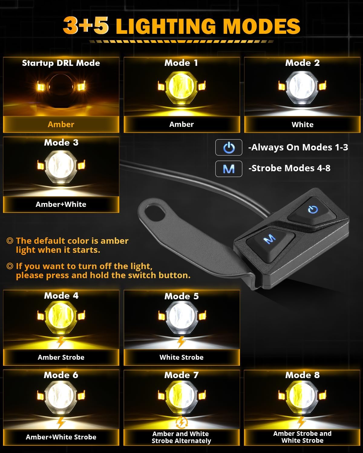 Auxbeam Motorcycle LED Fog Lights Auxiliary Lights Driving Light Spotlights 8 Modes White/Amber Dual Color Strobe Switchback 3 Inch 60W LED Offroad Work Light for Motorcycle ATV UTV Trucks - 2Pcs