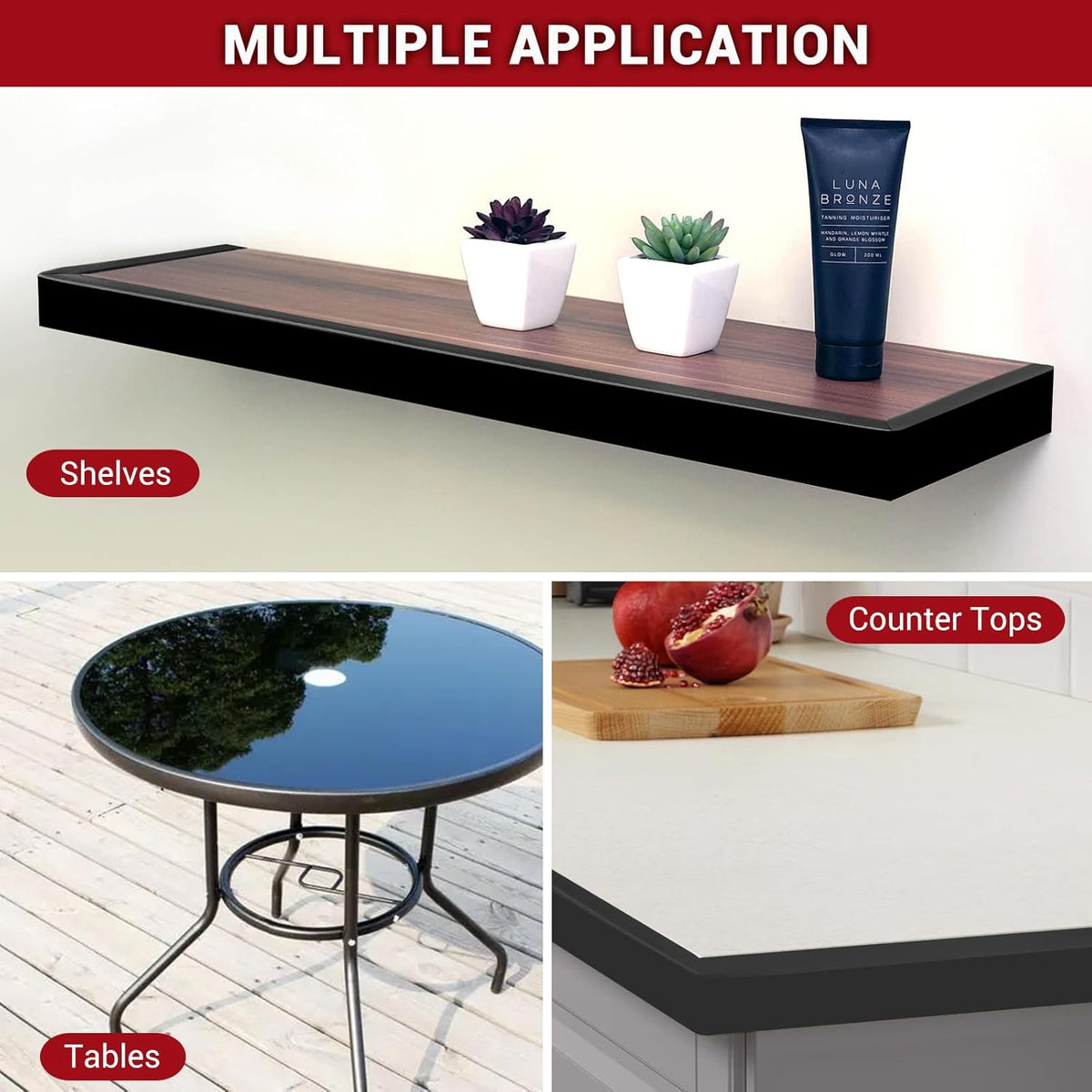 Rubber Edge Trim, 1" Self Adhesive Flexible U Channel Edge Protecter for Plywood, Tables, Desks, Cabinets, Counter Top, Wide U Shaped Edge Trim, Edge Banding, Black Color, 20Ft