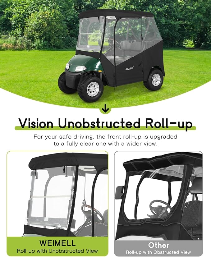 Golf Cart Enclosure 2 Passenger for EZGO TXT & RXV 2-Person Seaters Waterproof Transparent Driving Rain Enclosure Cover with 4-Sided Clear Windows Mirror Zipper Roll-Up Door Black