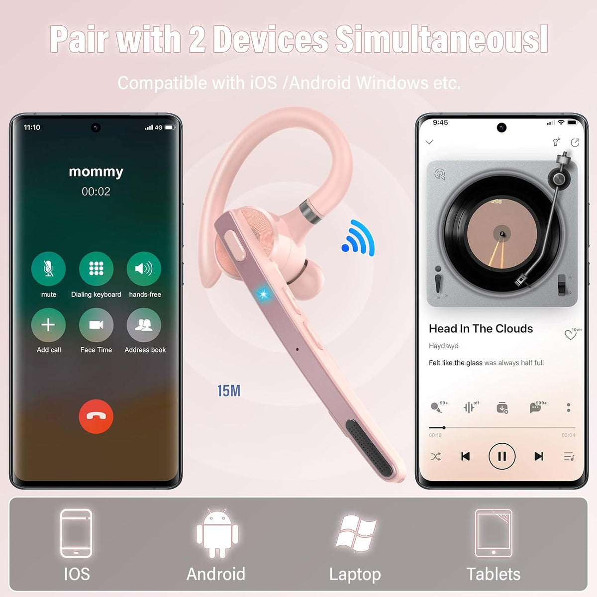 Bluetooth Headset, Wireless Bluetooth 5.3 Earpiece, 90Hrs Hands Free Headset with APTX HD Audio & Mute Button, Dual Noise Cancelling Mics, Single-Ear Headphone for Trucker/Business/Gym/Pink