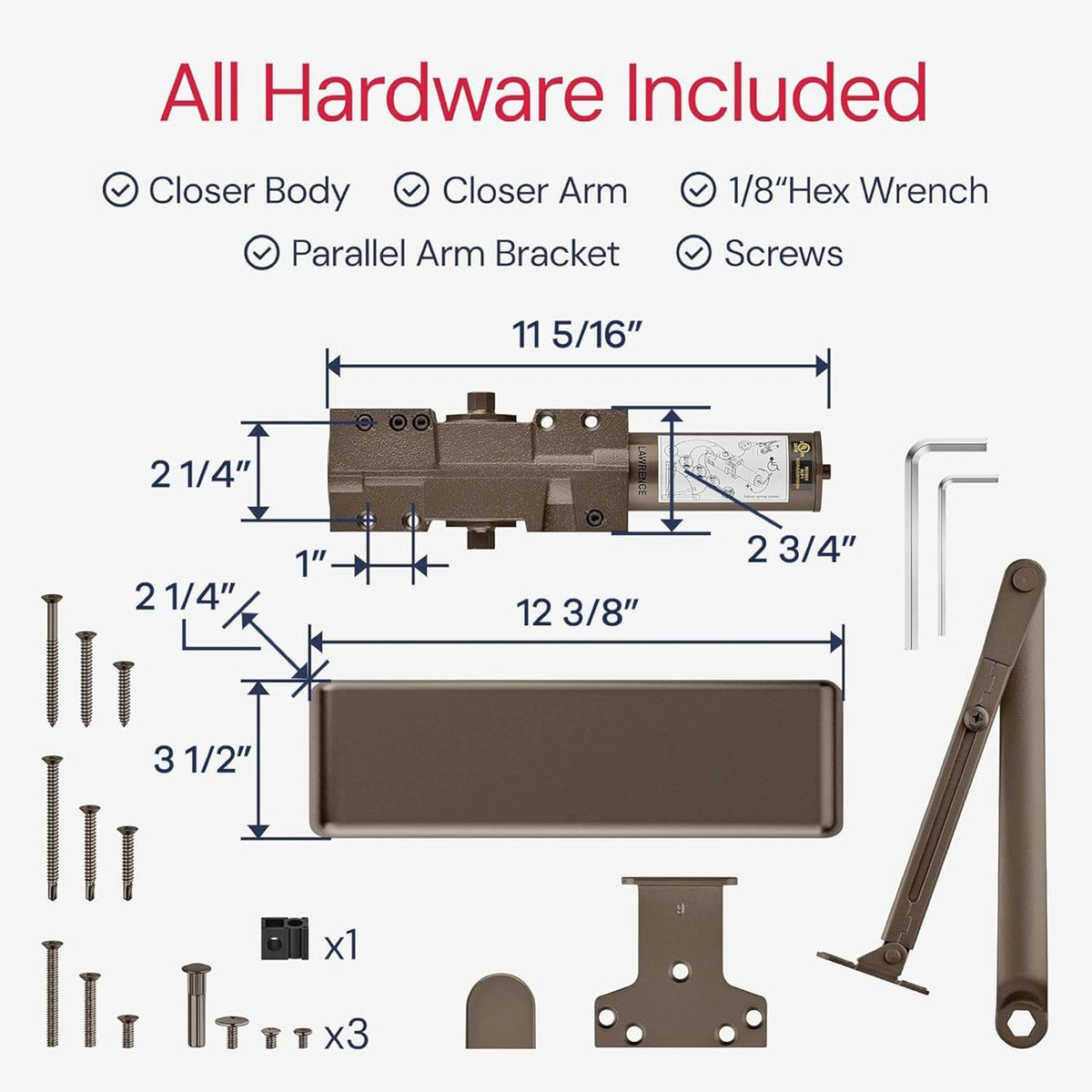 Lawrence Extra Heavy Duty Door Closer Commercial Grade 1 - Adjustable 6-Speed Delayed-Action Door Control with 3 Pistons – Flexible Installation with Included Hardware - Embassy Series LH8016