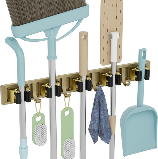 Broom Holder Wall Mount Mop and Broom Hanger Wall Mounted Garage Storage Rack Kitchen Garden Tool Organizer (5 Racks with 4 Hooks, Bronze)