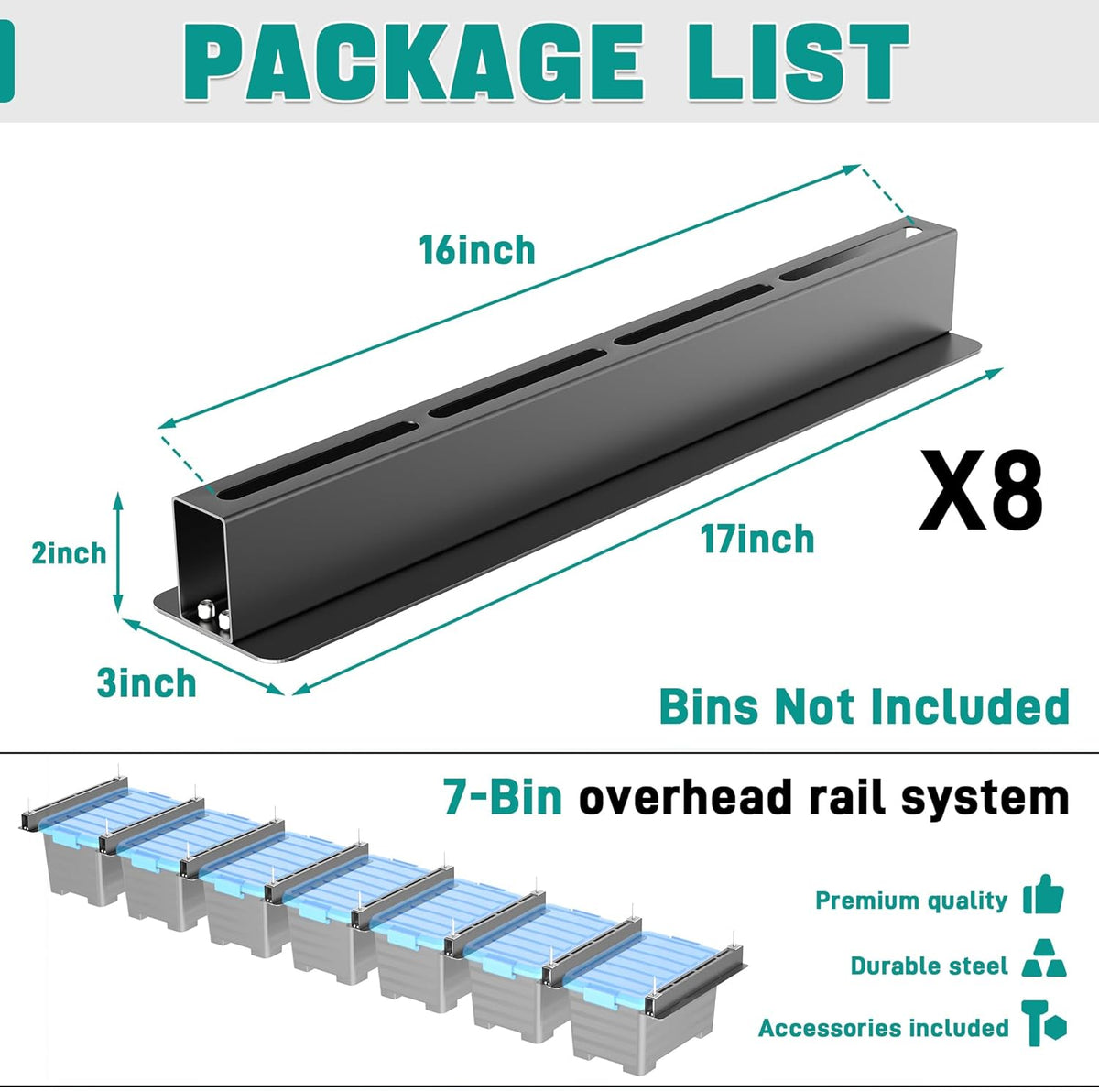 EVERHANGER Ceiling Storage Rack, Heavy Duty Overhead Storage Rack for Garage, Adjustable Ceiling Bin Storage System, 8 Sets for 7 Bins, 16 Inch