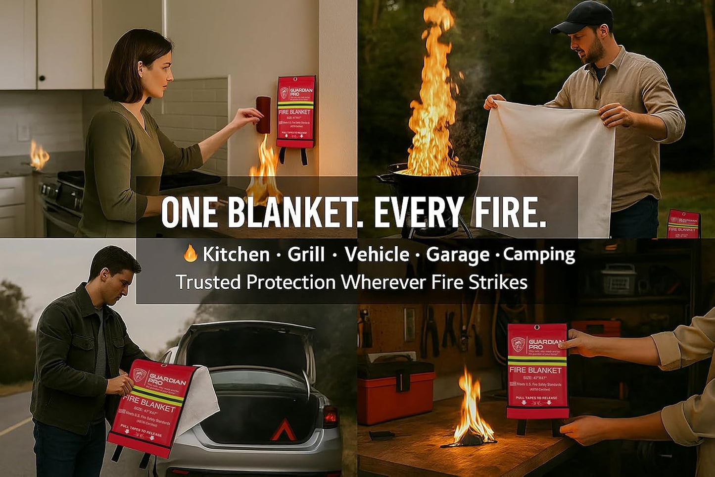 Emergency Fire Blanket for Home and Kitchen - 47"x47" - Must Have Fire Protection - Fire Suppression Fiberglass Fire Blankets for House Camping Car Office Emergency Survival Safety (2 Pack)