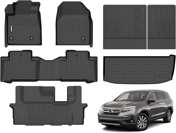 GINOWY- Floor Mats & Cargo Liner for Honda Pilot 2009-2015, All Weather Protection Car Mats Pilot 2015 Non-Slip Waterproof Pilot Trunk Mat Backrest Mats Automotive Floor Liners Accessories Black