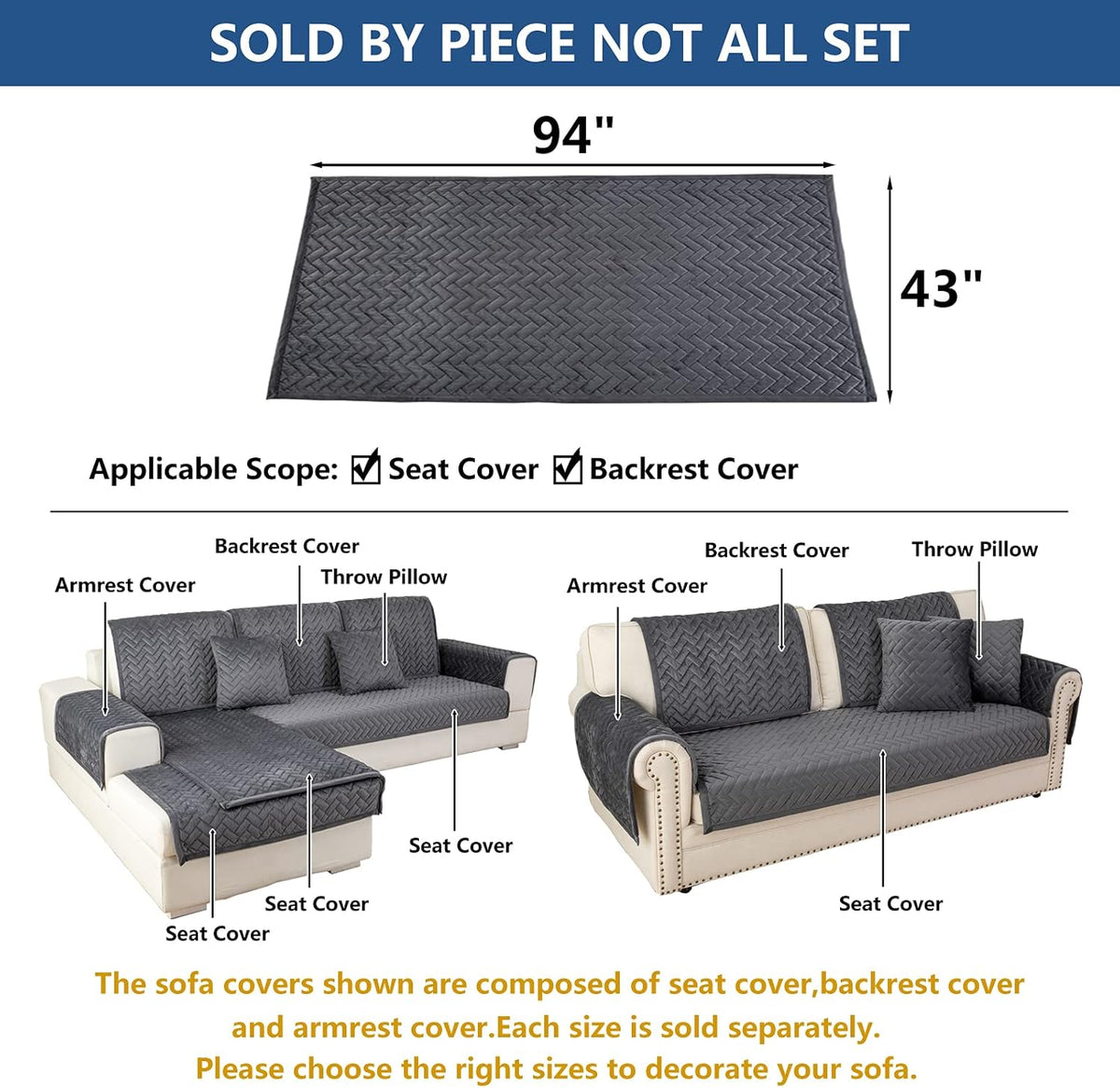 Eismodra Couch Cover,Sectional Couch Covers,Sofa Covers for 3 Cushion Couch,Anti-Slip Sofa Slipcovers for Dogs Cats Kids Loveseat Recliner L Shaped Armrest Backrest,Dark Gray 43''x94''(Only 1 Piece)