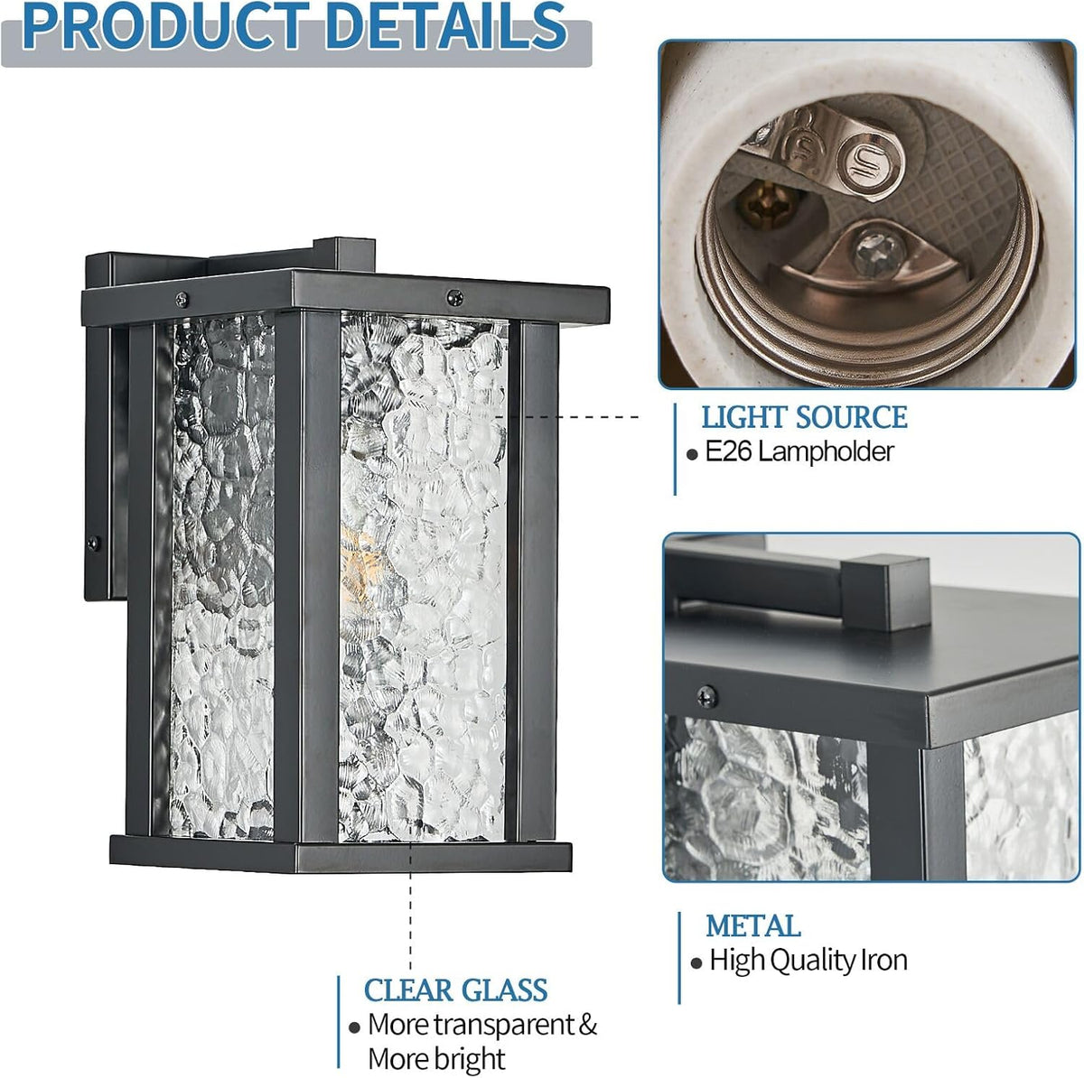Outdoor Wall Sconce E26 Base Metal Frame - Black Exterior Light Fixture with Clear Glass, Waterproof Porch Wall Mount Lighting for Garage, Patio(Bulb not Included)
