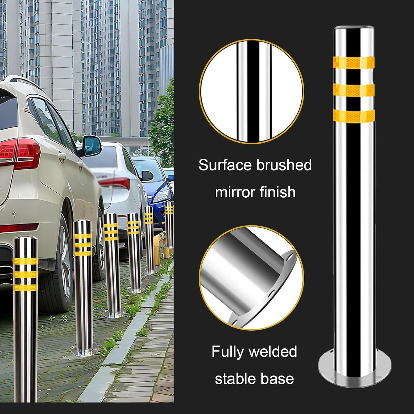 Stainless Steel Parking Bollards for Driveway, Industrial Safety Bollards Reflective Channelizer Post, Parking Barrier, Sturdy and Durable, Easy to Install, for Crowd Control(Silver (4pcs),7.6*100cm/3