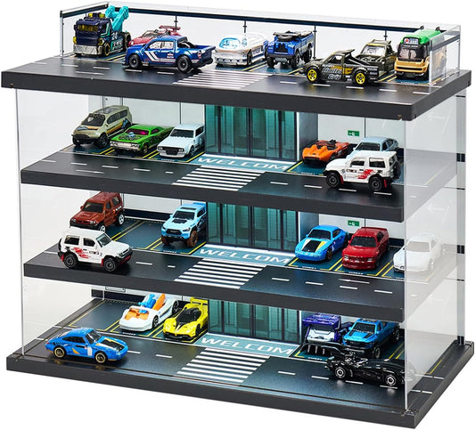 Display Case for Hot Wheels Garage & Matchbox Cars with LED Light, 1/64 Scale Diecast Toy Cars Garage, Storage Case for Hot Wheels, Parking Garage Diorama with 4 Levels Maximum 58 Cars