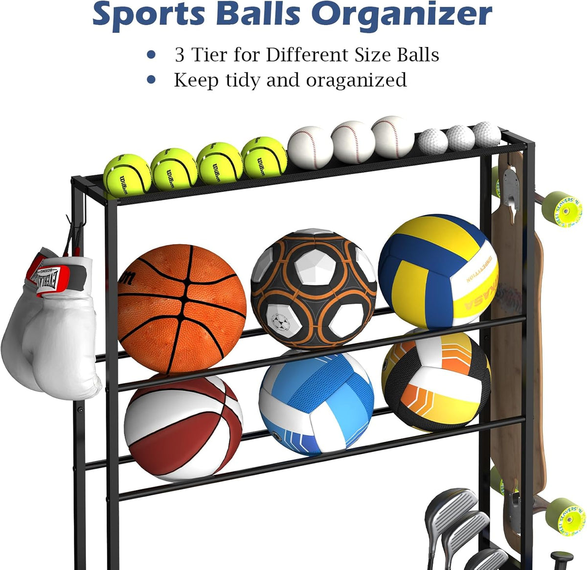 smusei Sports Equipment Organizer Garage Basketball Ball Holder for Sports Gear and Toys Garage Ball Storage Rack Cart with Wheels and Hooks for Volleyball Football Basketball, Indoor/Outdoor, Black
