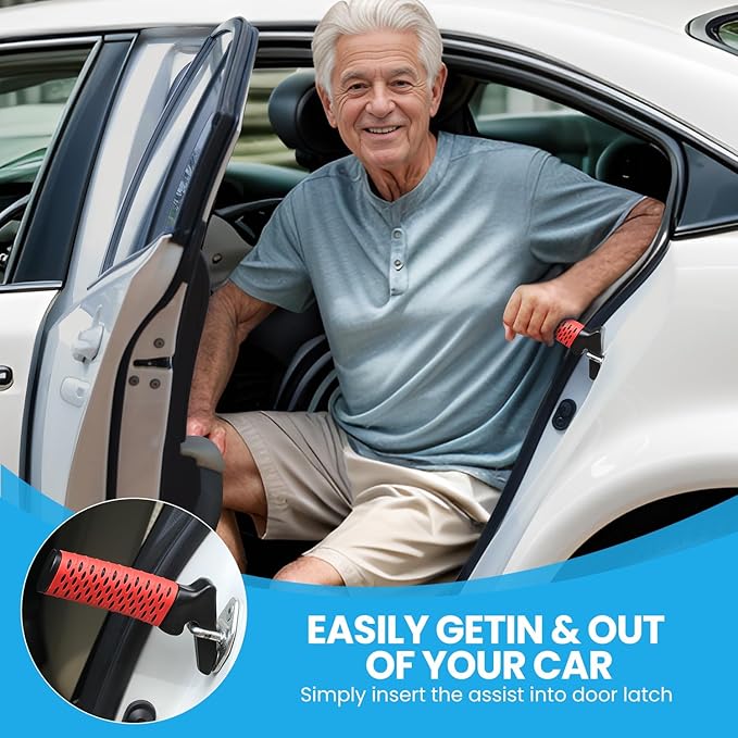 Car Door Handle for Elderly, Car Handle Assist Support, Portable Elderly Assistance Mobility Aids Auto Grab Cane with Strap for Seniors and Handicapped Getting Out of Car, Red, 2 Pack
