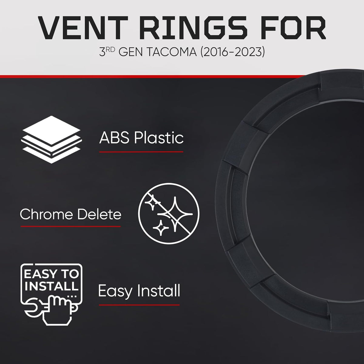 AJT Design Vent Ring for 3rd Gen Tacoma (2016-2023) | Blackout Mode | Impact Resistant ABS Plastic Car Vent Cover Ring Made For 3rd Gen Toyota Tacoma | Made in USA