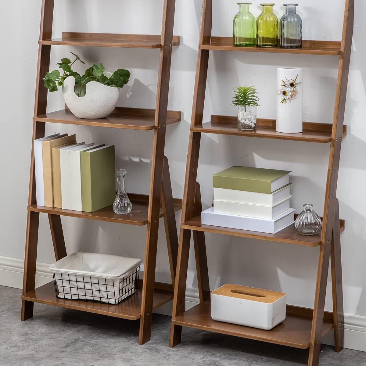 Maydear Bamboo Ladder Shelf Bookcase, 4-Tier Leaning Bookshelf Free Standing Organizer Storage Shelves for Living Room, Bedroom, Kitchen, Home Office, Balcony (Walnut)