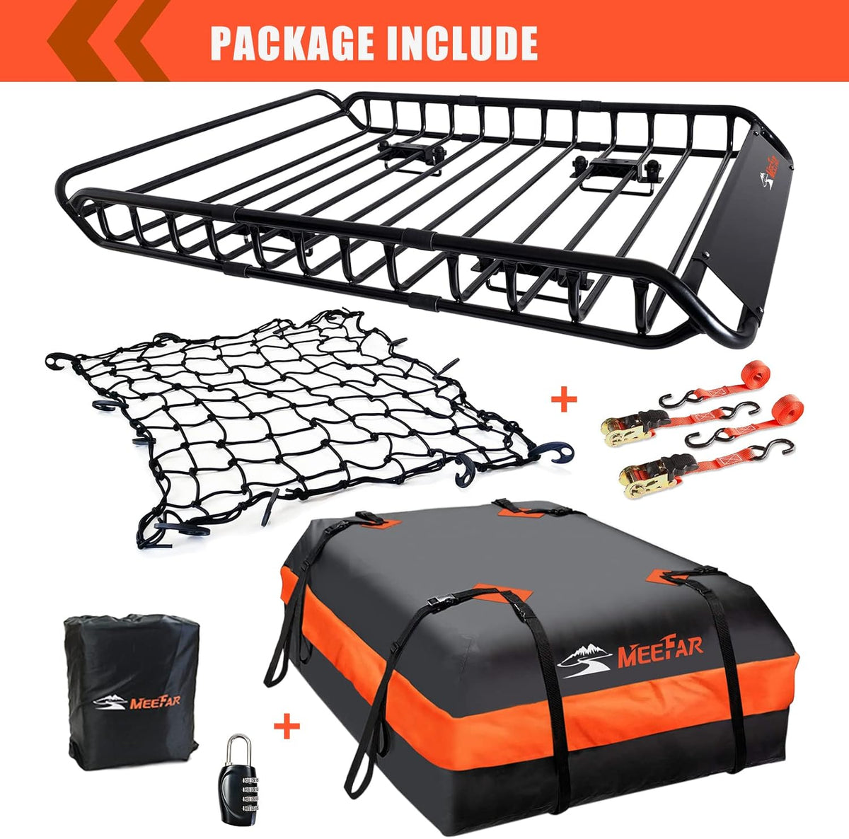 MeeFar Roof Rack Carrier Basket Universal Rooftop 51" X 36" X 5" + Waterproof Bag 15 Cubic Feet (44" 34" 17"), and Cargo Net with Attachment Hooks, Ratchet Straps