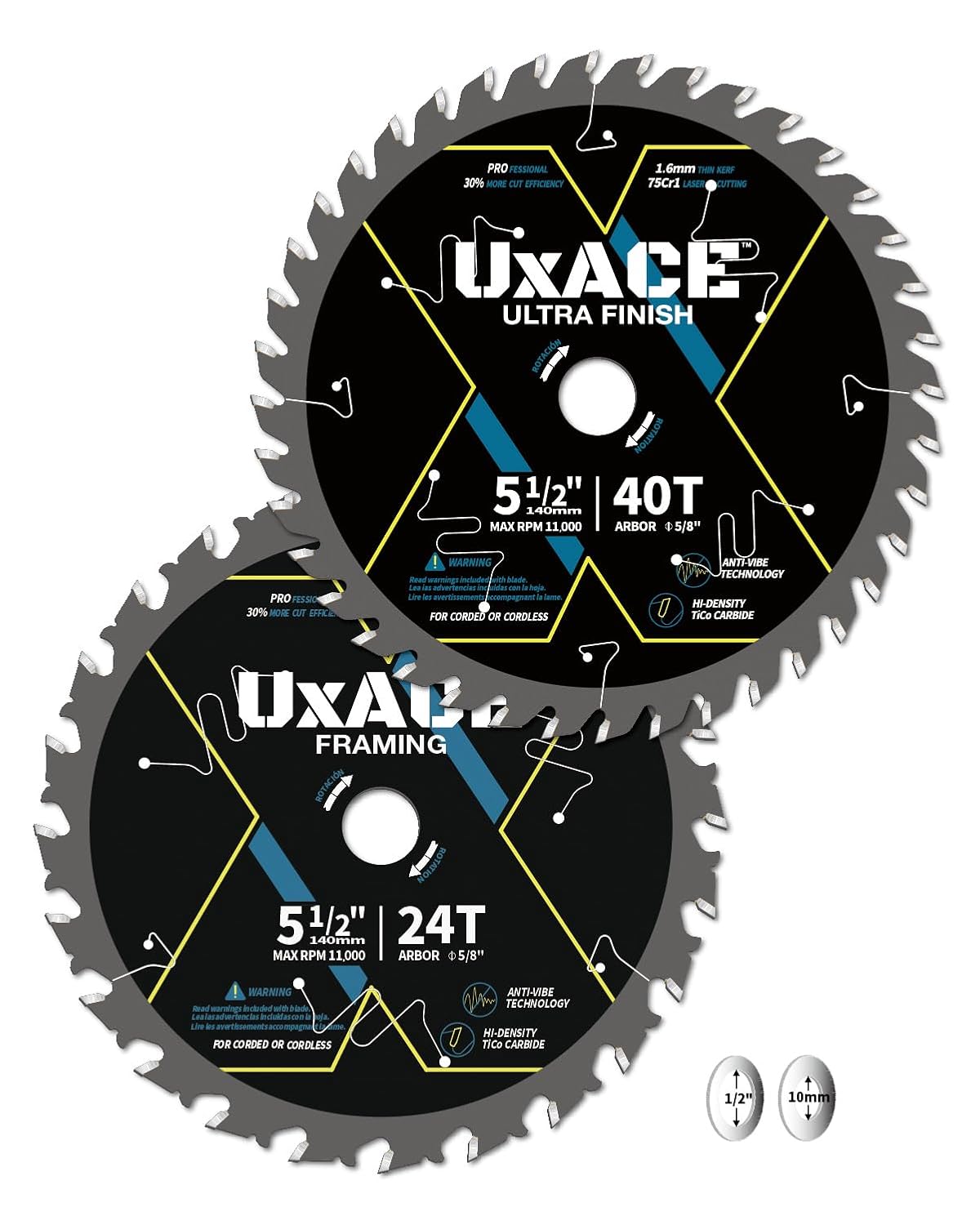 5-1/2-Inch 24&40-Tooth Circular Saw Blade with 5/8-Inch Arbor, Framing & Ultra Finish Wood Cutting, Carbide Tip, Thin Kerf, for Plywood, MDF, OSB, Laminated, 2 Pack