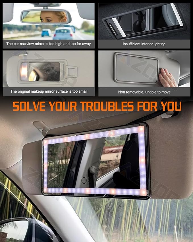 Car Sun Visor Vanity Mirror Compatible for Tesla Model 3 Y S X, Makeup Mirror with 3 Light Modes, Dimmable Touch Screen, Rectangular White, Car Vanity Mirror with Lights