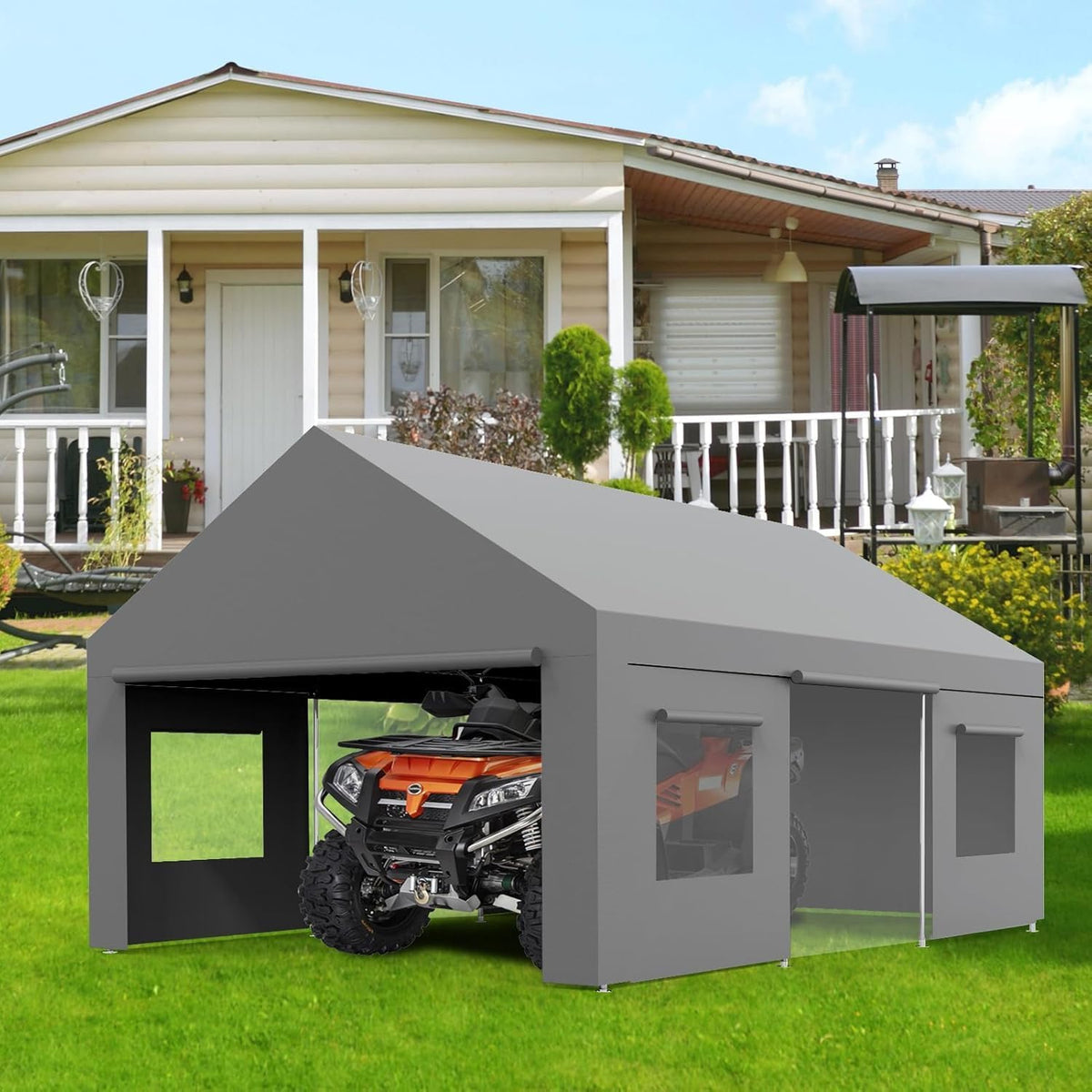 Heavy Duty Carport 13x20 FT Oversized Portable Garage with 4 Doors & 4 Windows, Reinforced Frame, All Weather Protection Outdoor Shelter Canopy for Cars, Boats, Trucks, BBQ and Gatherings (Gray)